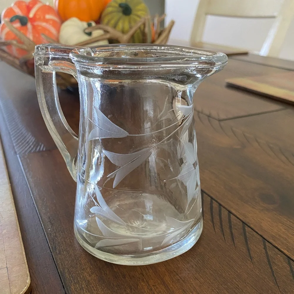 Vintage Etched Glass Creamer Pitcher with Delicate Floral Design and Handle